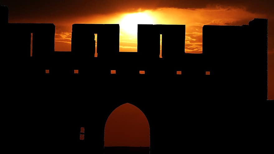 solnedgang, Slottet Carcassonne, vollen, Frankrike, tårn, fra middelalderen, festning, monument, arkitektur, aude