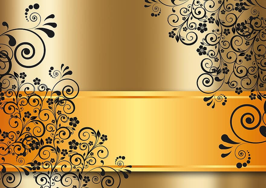 gull, floral, mønster, svart, metallisk, fond, bakgrunn, hilsen, dyrt, gratulasjonskort, invitasjon