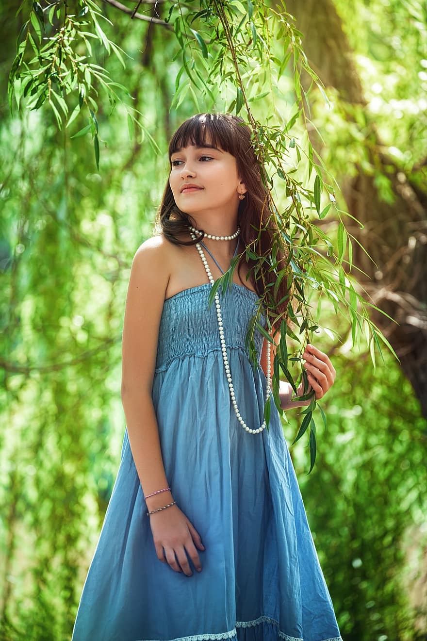 Child, Girl, Model, Trees, Leaves, Park, Dress, Pearl Necklace, Accessories, Accessorize, Fashion