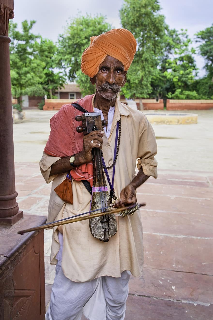 мъж, музикант, традиционен, индийски, Раджастан, Индия