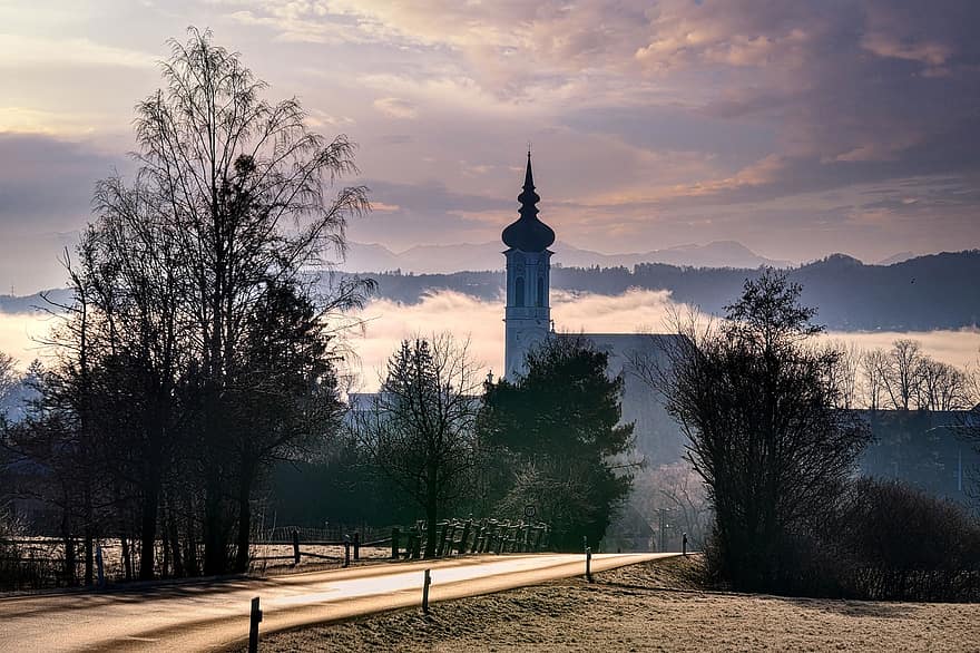 Church, Church Tower, Trees, Road, Fog, Winter, Clouds, Dusk, Nature, religion, architecture