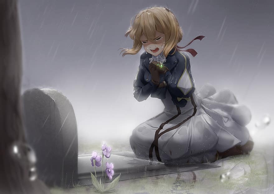 Violet Evergarden, κορίτσι, κλαίων, anime, χαρακτήρας, γυναίκα, λυπημένος, πένθος, βροχή, νεκροταφείο, τάφος