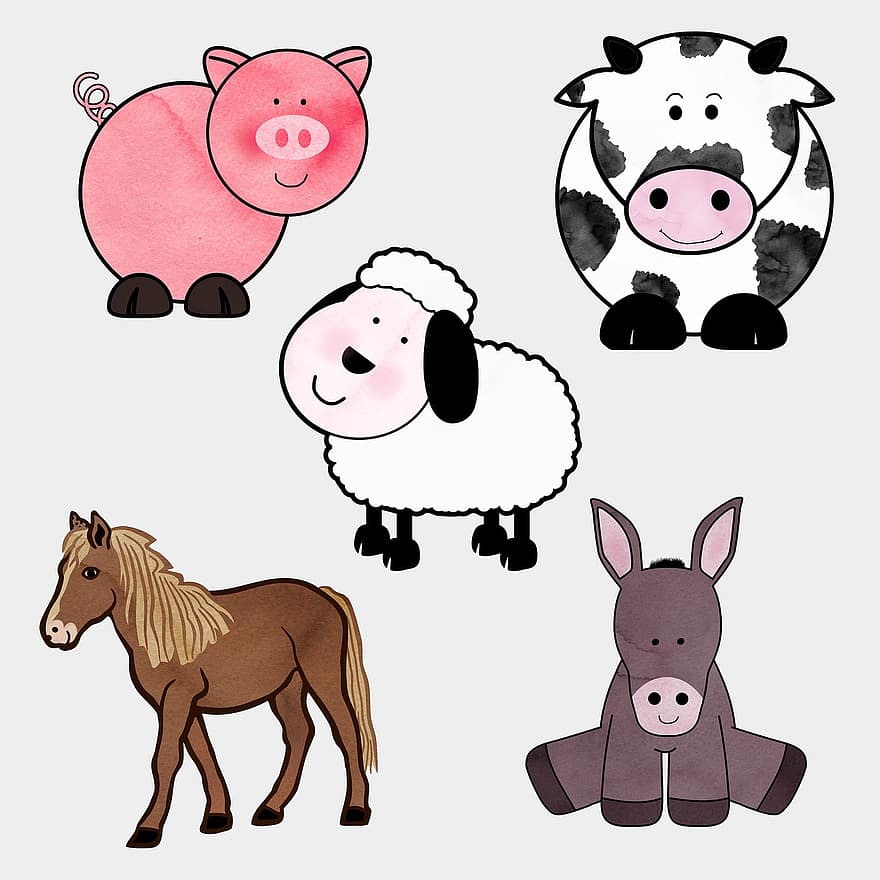 ферма, домашний скот, овца, корова, свинья, осел, лошадь