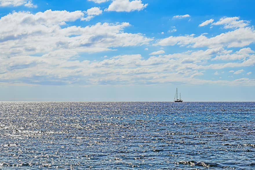 hav, ocean, solrig, himmel, skyer, horisont, natur, sejlbåd, blå, sejlads, yacht