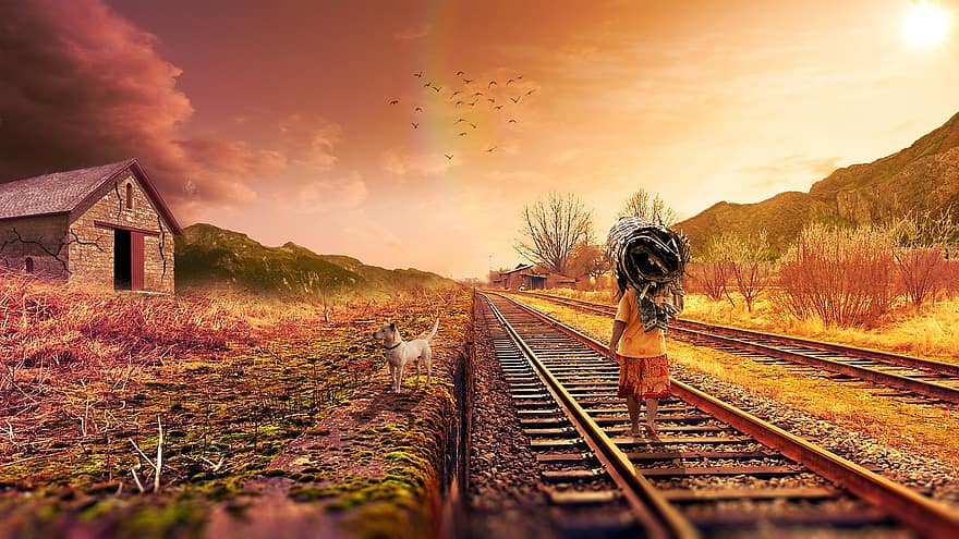 estrada de ferro, järnvägsspår, endast, resa, natur, sol, foto manipulation