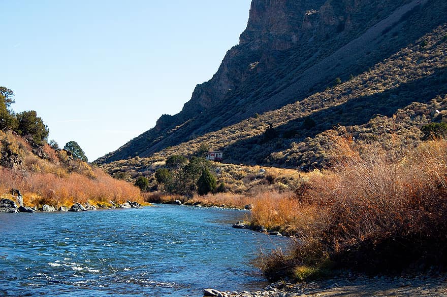 rio grande, riu, muntanya, paisatge, taos, Nou Mèxic, aigua, bosc, arbre, blau, tardor