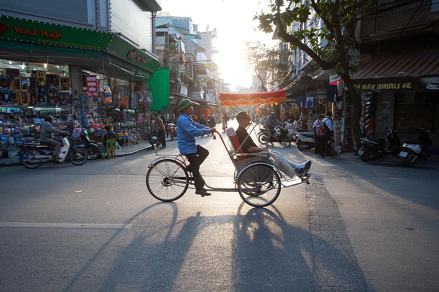 거리, 하노이, 오래된 자전거 카트, 도로, 시티, 베트남, 주기 인력거, 여행, 수송, 옥외