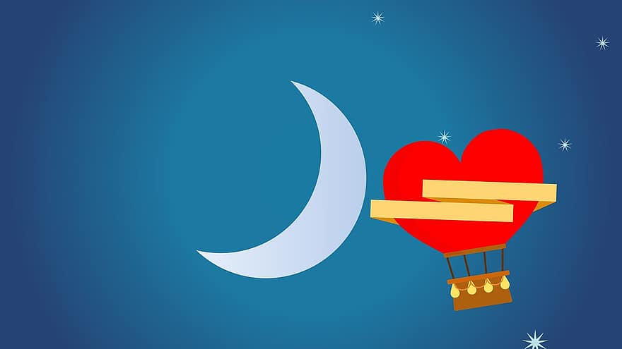 心臓、風船、バレンタイン、夜、設計、お祝い、ロマンチック、月、星、綺麗な、ハッピー