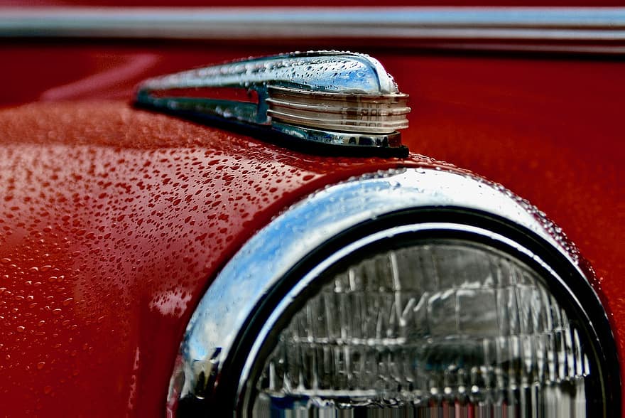 Chevrolet, Headlamp, Raindrops, Car, Red Car, Auto, Automobile, Vehicle, Vintage, Nostalgic, Dewdrops