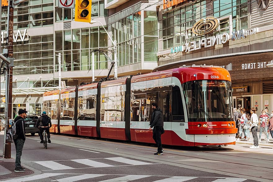 залізничний, вул, центр міста, переповнений, зайнятий, Люди, пішохідний перехід, вагон, червоний, Торонто, життя міста