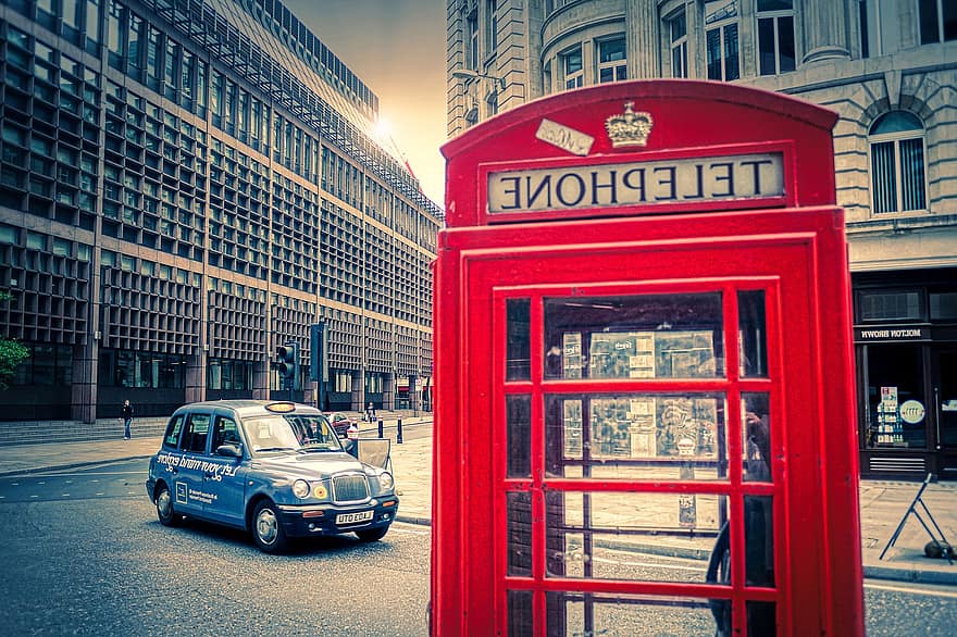 cabina telefónica, Londres, ciudad, cabina de teléfono, Inglaterra, la carretera, vida en la ciudad, arquitectura, lugar famoso, coche, exterior del edificio