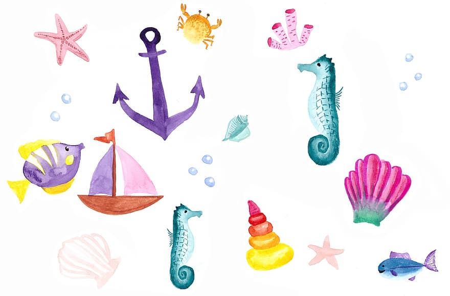 jeu d'icônes, été, les vacances, vacances, maritime, mer, aquarelle, ancre, coquille, étoile de mer, poisson