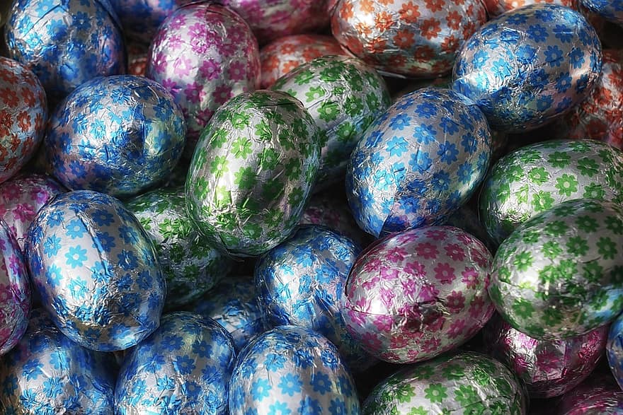 Pasqua, xocolata, ous, ous de Pasqua, dolç, de colors, multicolor, decoració, fons, blau, patró