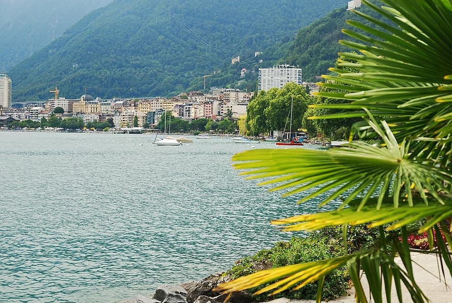 Boat, Buildings, Lake, Mountain, Resort, City, Hotel, Coast, Riviera, Montreux, Swiss