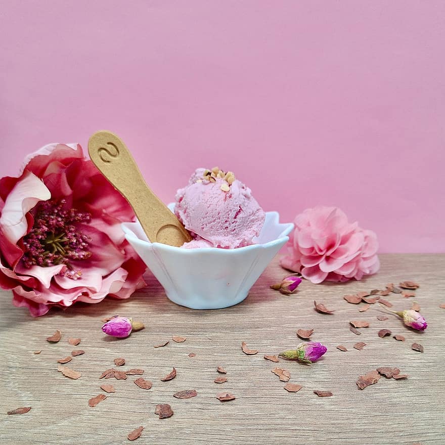 Dessert, Ice Cream, Sundae, Spoon, pink color, wood, food, freshness, close-up, flower, summer