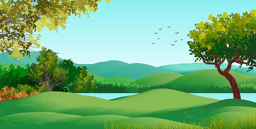 ilustración, fondo, paisaje, naturaleza, montañas, cielo, papel pintado, arboles, cerros, prado, hierba