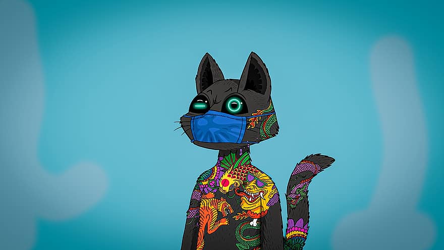 Cat, Face Mask, Medical Mask, Cat Animation, Masked Cat, Cat Drawing, Cat With Tattoos, Tattoos, Cartoon, Character, pets