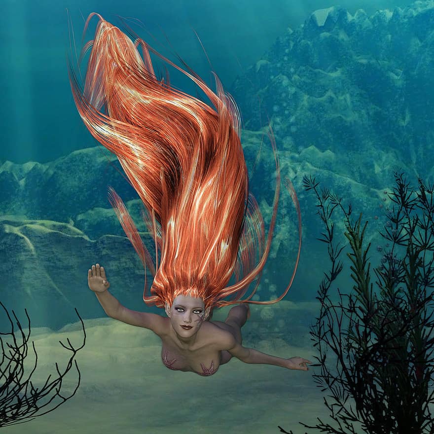 पानी के नीचे, अप्सरा, जंतु, कपोल कल्पित, बाल, भोंपू, महिला, जादू, सागर, समुद्र