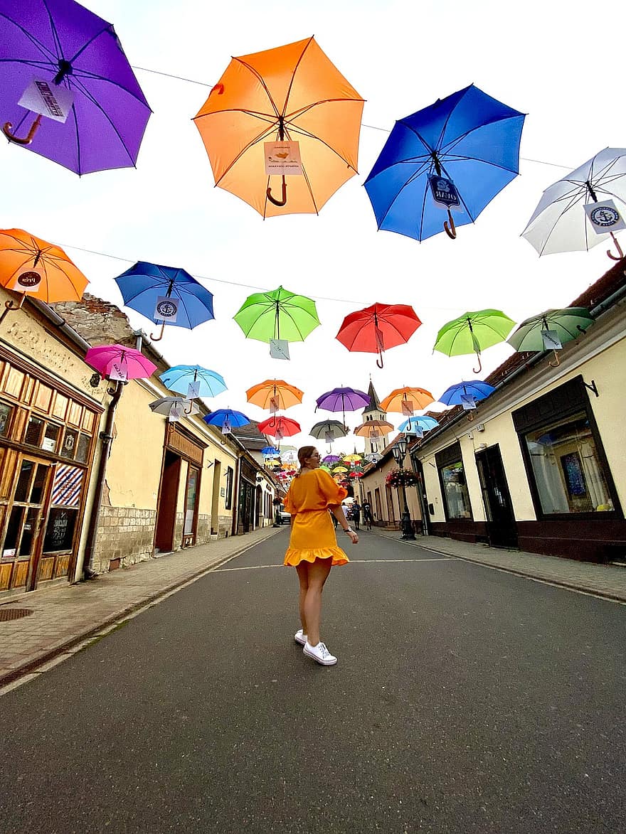 Street, Festival, Tokaj, Hungary, Umbrellas, umbrella, women, multi colored, rain, summer, walking