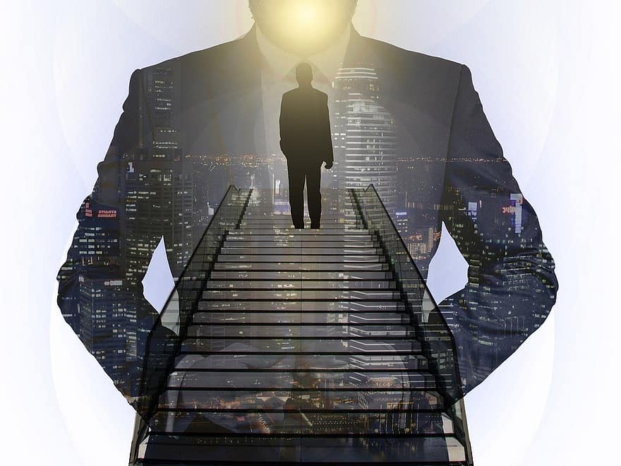бизнесмен, успех, лестница, запускать, Цель, уровень, постепенно, горизонт, небоскреб, бизнес, план