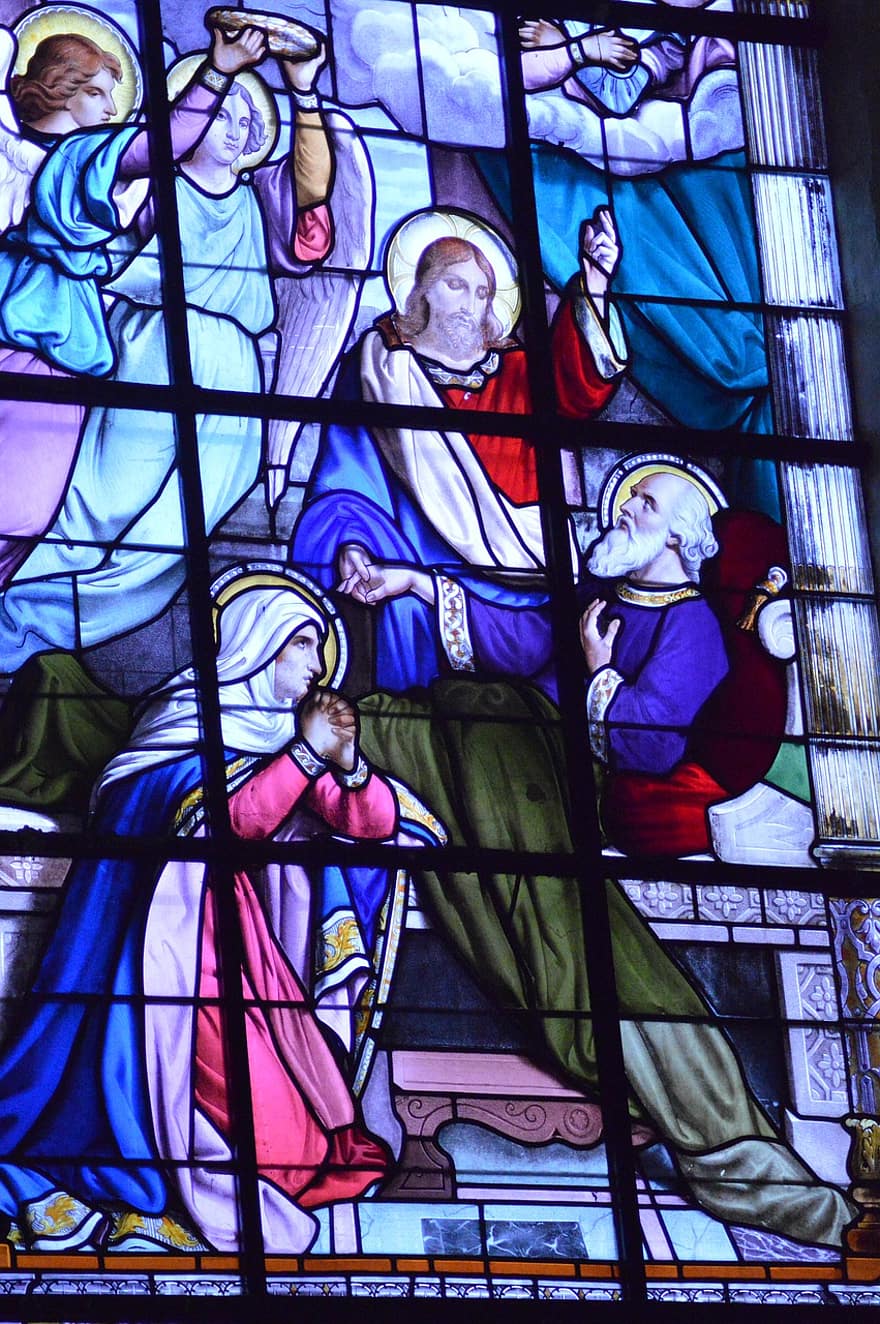 vitrall, finestra, Església, joseph, mary, jesús, família, mort, llit, prega, àngels