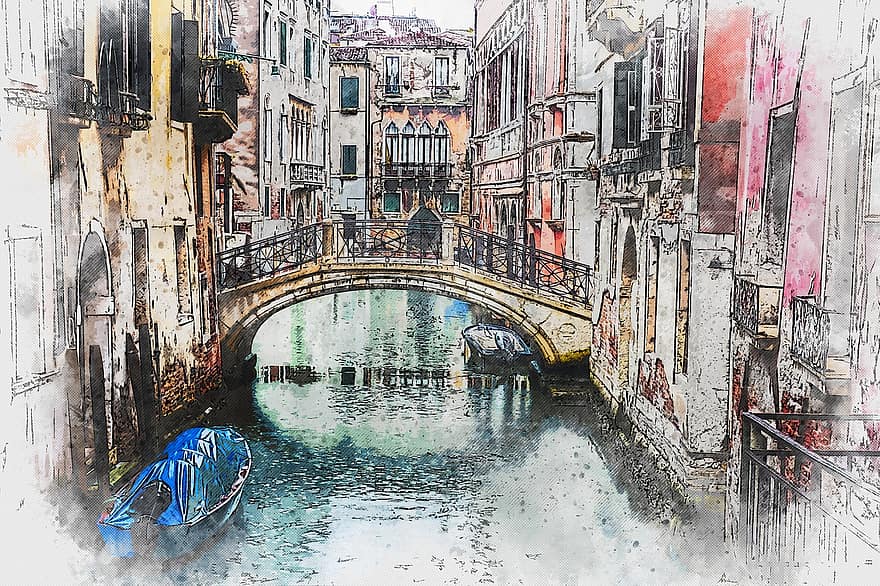 Venezia, bro, båter, vann, elv, hav, Italia, ferier, regn, vannvei, byen på elven