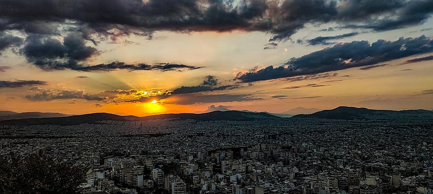 Athena, Yunani, matahari terbenam, Cityscape, kota, gunung, langit, awan, matahari, sinar matahari, panorama