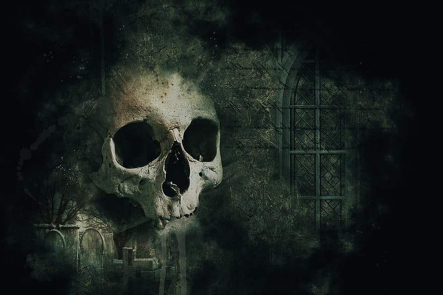 oscuro, gótico, fantasía, horror, cráneo, Huesos del cráneo, ventana, cementerio, misterio, misterioso, atmósfera