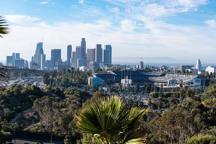 skyskrapor, horisont, stadens centrum, stadsbild, arkitektur, Los Angeles, kalifornien, usa, la, hollywood, amerika