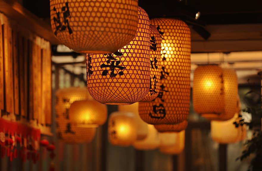 lámpa, dekoráció, éjszaka, étterem, ősi város, Wuzhen, jiangnan, kultúrák, ünneplés, világító berendezések, megvilágított