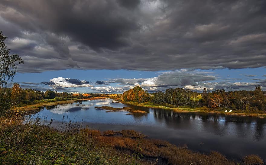 río, bancos, nubes, nublado, melancólico, cielo, cielo nublado, orillas de los ríos, arboles, cañas, colores de otoño