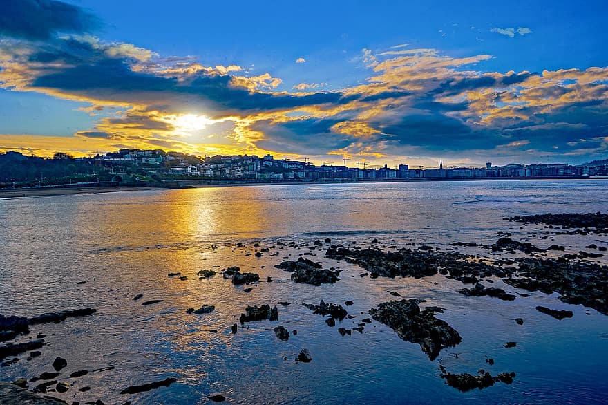 Donostia, baai, zonsondergang, panorama, zee, oceaan, zonlicht, wolken, stad-, stad, kust