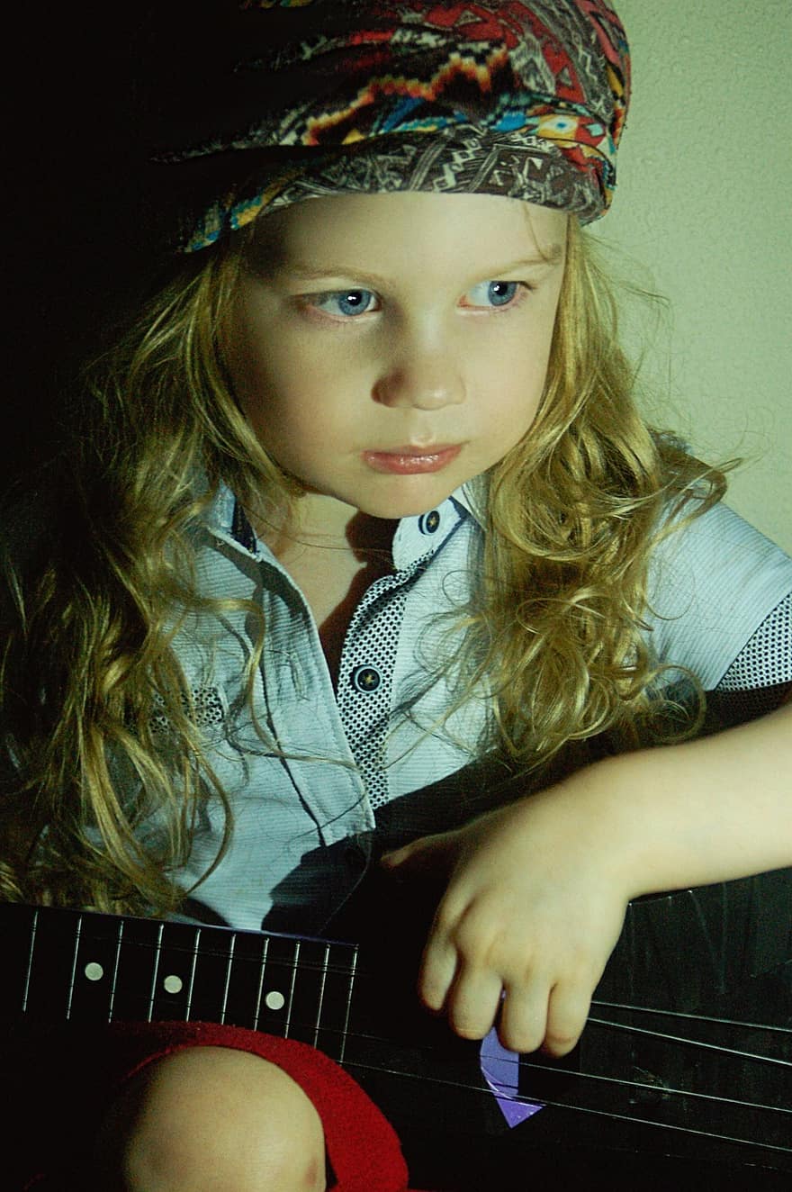 niño, música, guitarra, joven, talento, instrumento musical