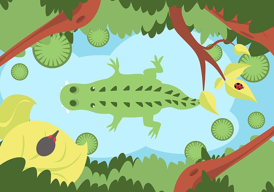 cocodril, verd, jungla, riu, animals, animals verds