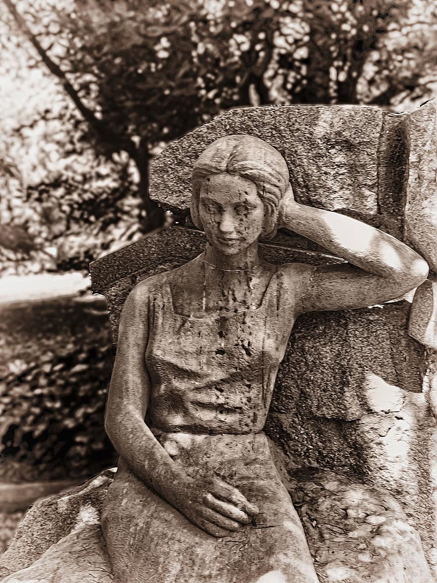 statua, donna, femmina, giovane, scultura, pietra, antico, vecchio, monumento, famoso, parco