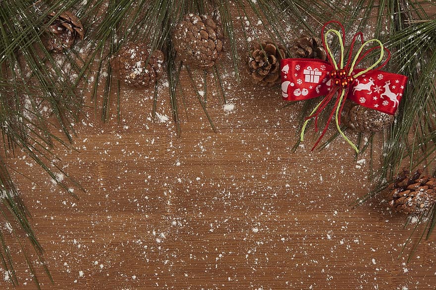рождество, украшение, день отдыха, время года, лента, сосновые шишки, flatlay, снег, снежинки, зима