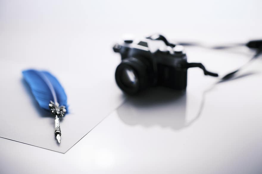 Camera, Quill, Paper, Feather, Blue Feather, Silver Quill, Writing, News, Journalism, Pen, close-up