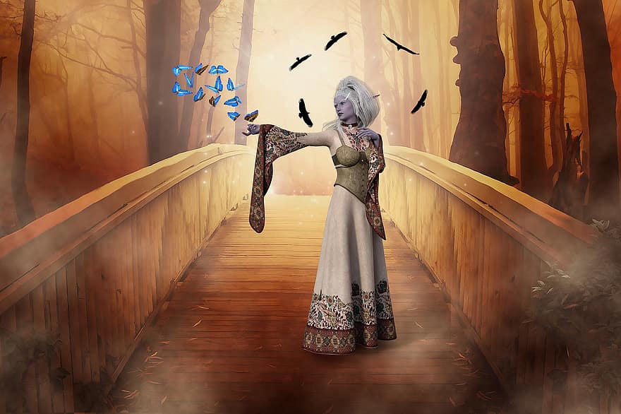 жена, пеперуди, мост, природа, елф, момиче, магия, женски пол, митично създание, дама, мистична гора