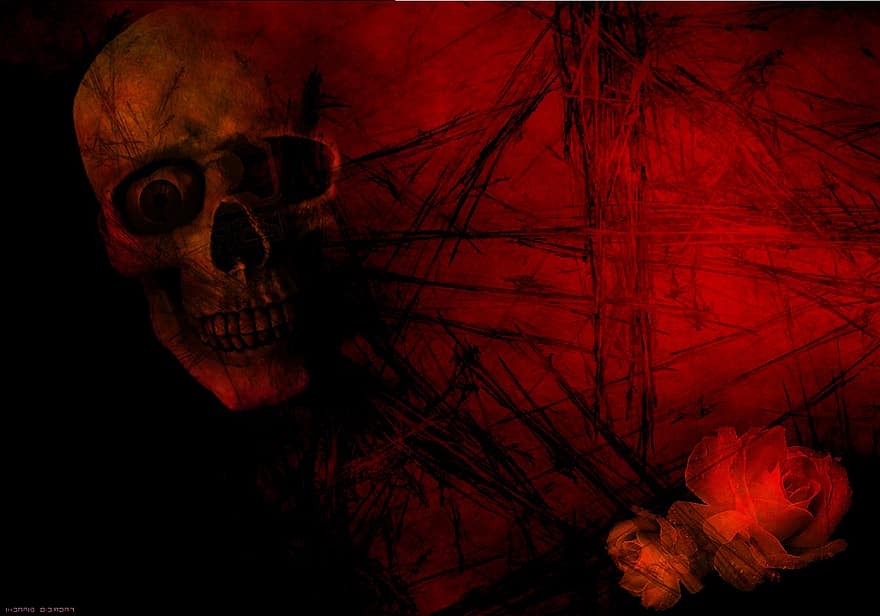 skalle, röd, gotiska, halloween, mörk, skrämmande, död, skelett