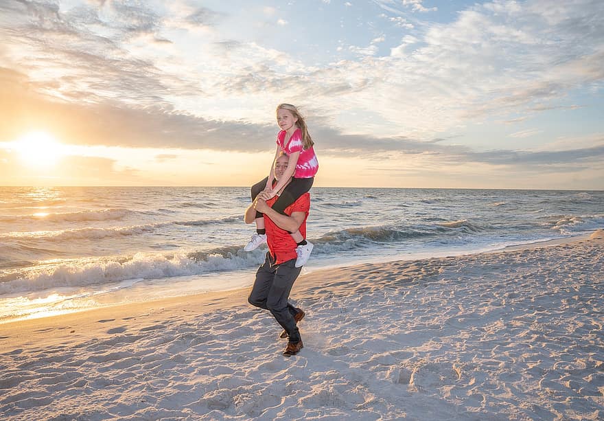 Father, Daughter, Beach, Sunset, Family, Cloudscape, women, summer, lifestyles, happiness, vacations