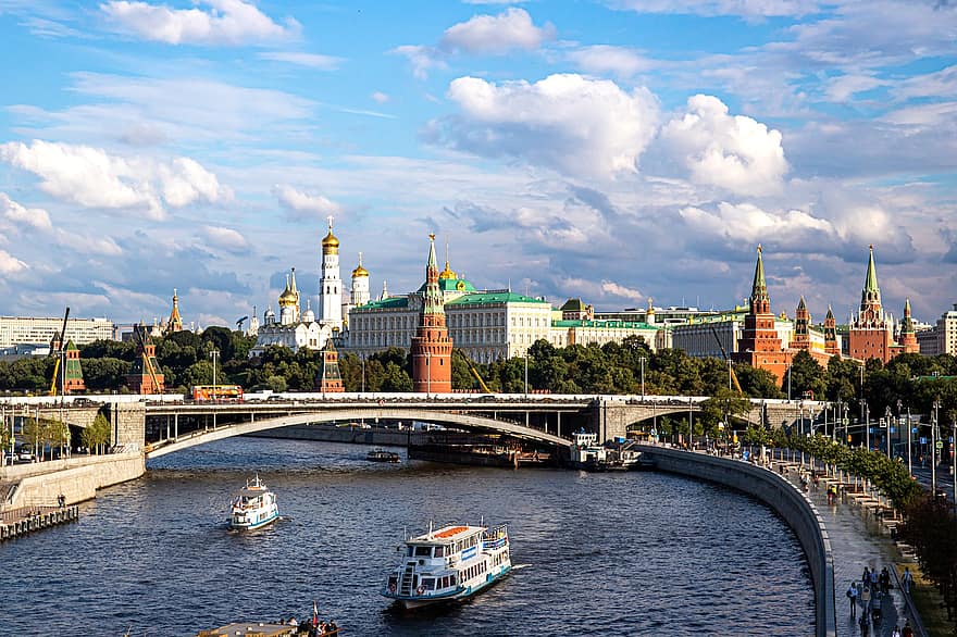Moscow, Russia, Kremlin, River, Architecture, City, Tower, Church, Sky, Cathedral, Wall