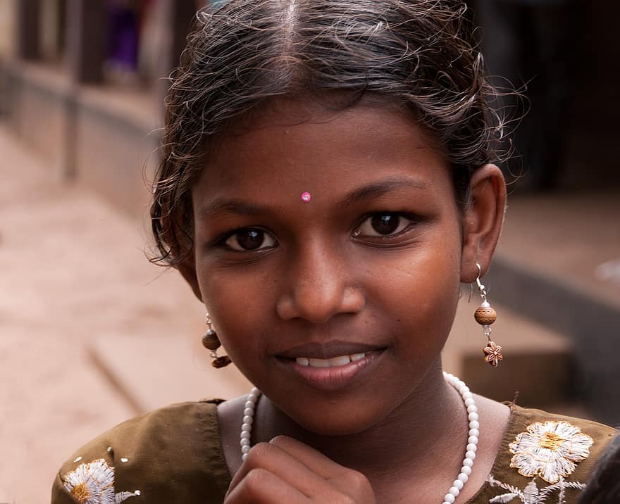 bērns, smaids, laimīgs, hindu, rotaslietas, Indija