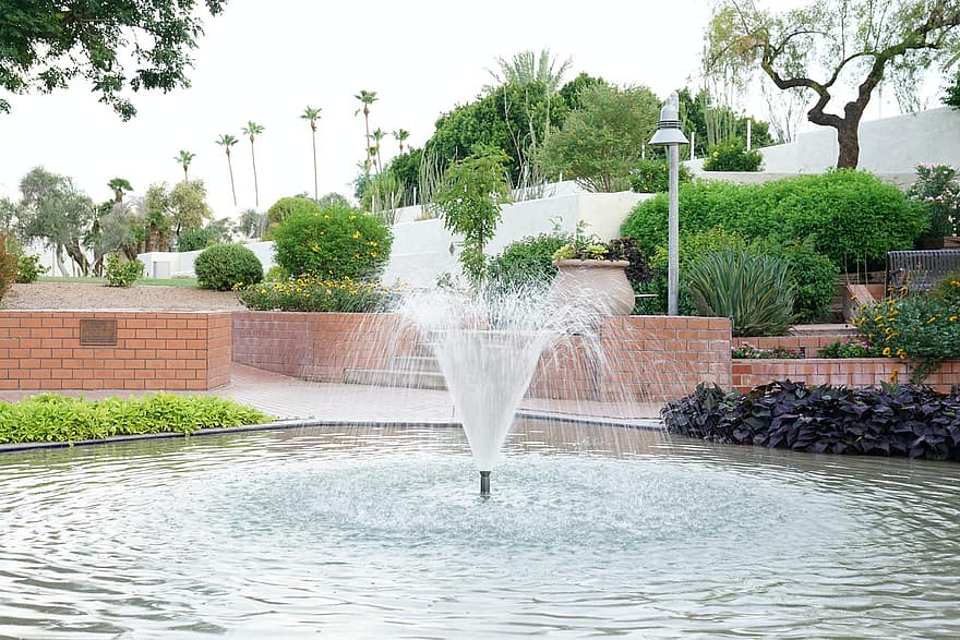 Fountain, Pond, Park, Sprinkler, Water, summer, swimming pool, wet, formal garden, plant, freshness