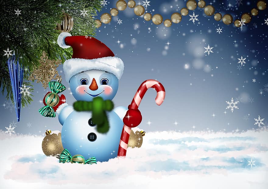 ano Novo, boneco de neve, cartão postal, fundo, inverno, feriado, decoração, bolas, festão, árvore, alegria