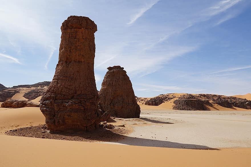 Dunes, Desert, Rock Formation, Mesa, Sand, Hoodoo, Barren, Algeria, Sahara, Landscape, Nature
