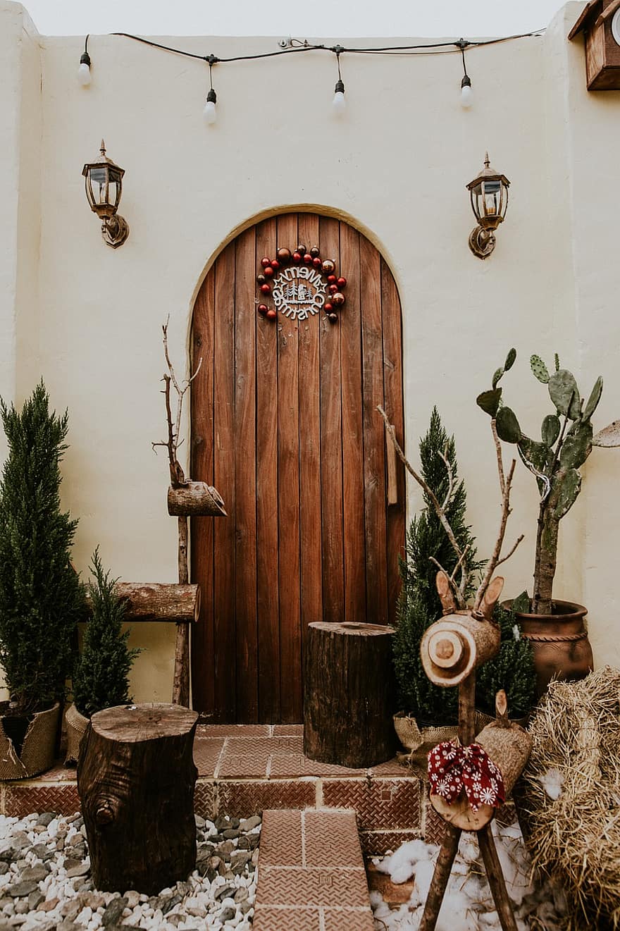 porta, piante, decorazione natalizia, porta di legno, parete, rustico, decorazione, Piccolo cortile, all'aperto