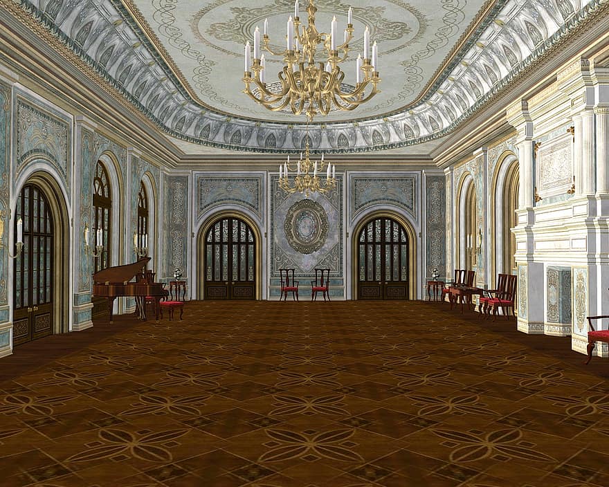 танцувална зала, царски, величествен, дворец, архитектура, интериор, замък, традиционен, лукс, вътрешен, елегантност