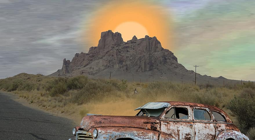 carro enferrujado, carro abandonado, campo, montanhas, rodovia, estrada rural, nascer do sol, bute, butte, por do sol, Novo México