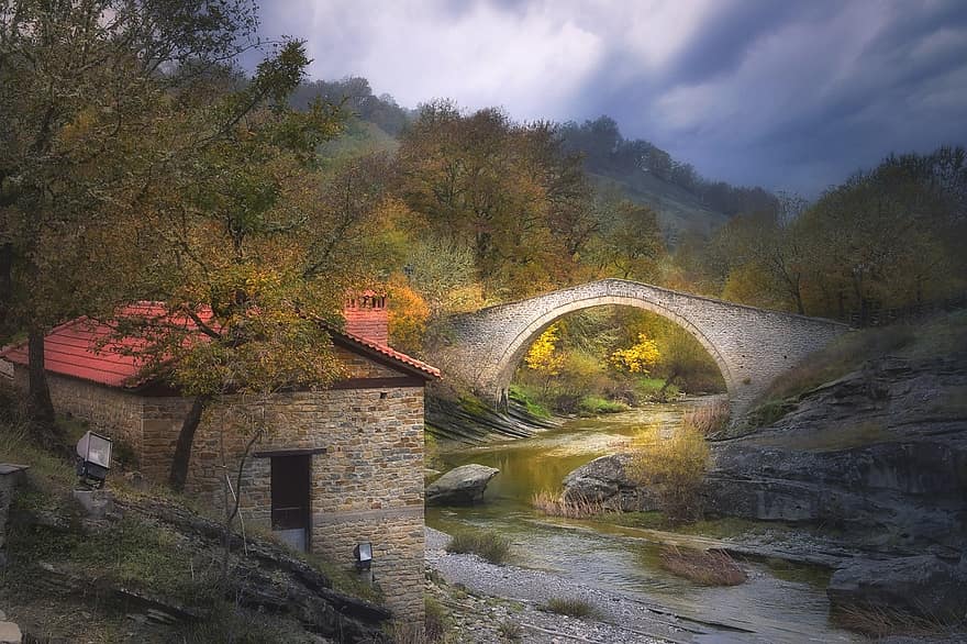 fiume, ponte, autunno, Casa, villaggio, alberi, natura, campagna, voio, Kozani, Crisavgi