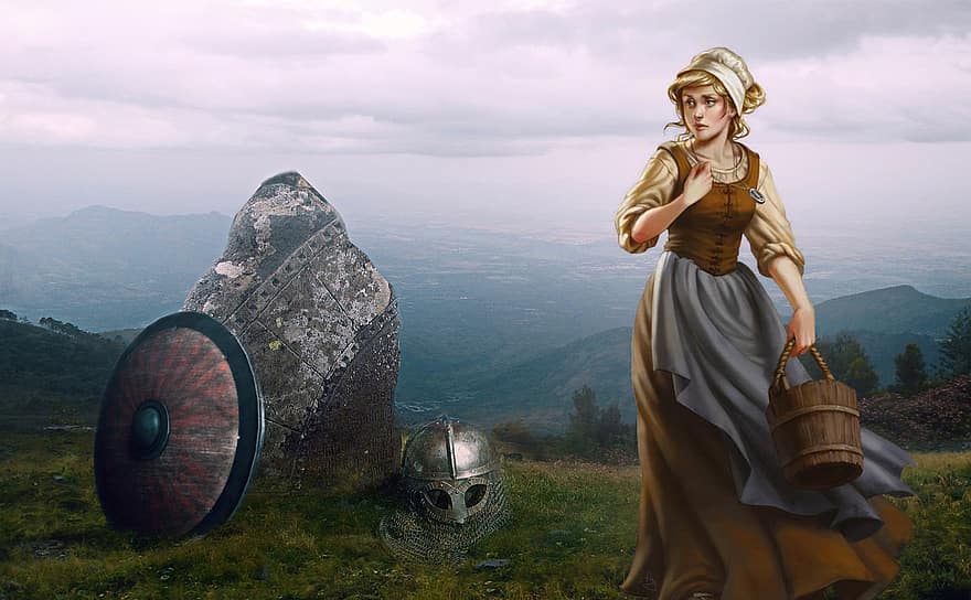 фон, горы, долина, шлем, щит, леди, фантастика, женский пол, персонаж, цифровое искусство